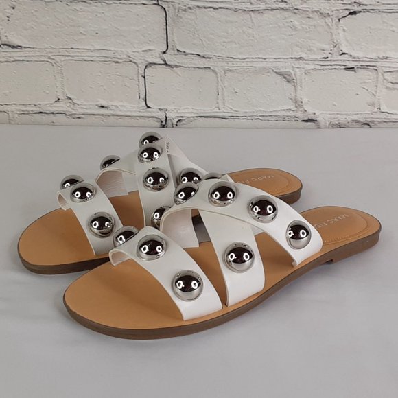 MARC FISHER 'BRYTE' DOMÈ STUDD CRISS~CROSS FLAT SLIP ON SLIDE SANDALS WHITE 7 - Picture 8 of 16